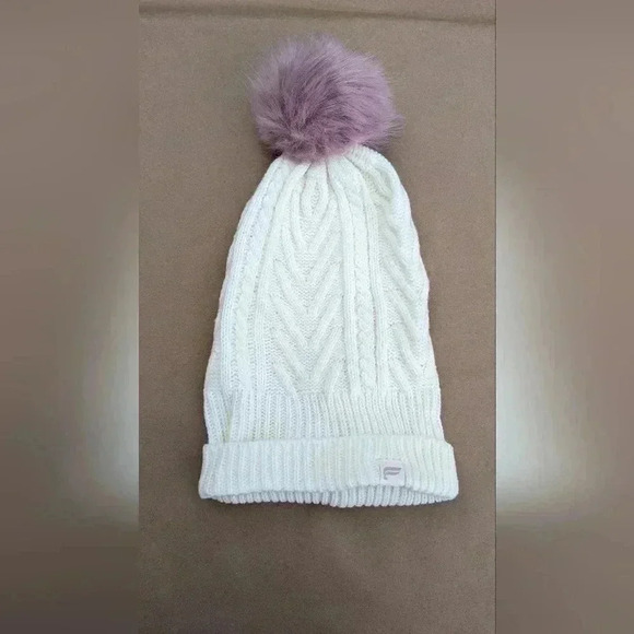 Fabletics Women's Cream Cable Knit Beanie w/ Purple Pom-Pom One Size. NWOT - Picture 1 of 4